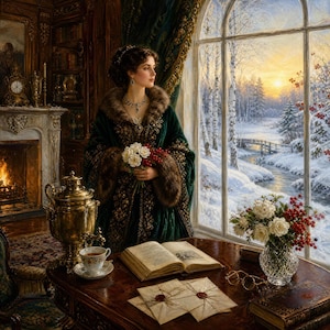 May include: A painting of a person in a dark green velvet coat with fur trim, holding a bouquet of white flowers and red berries. The scene includes a brass samovar, an open book, sealed letters, and a vase of flowers on a wooden table.