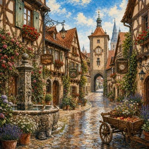 May include: A painting of a cobblestone street in a European town featuring half-timbered buildings, a stone fountain, and a wooden cart filled with apples. Signs for Bäckerei, Blumen, and Uhrmacher hang from iron brackets near a clock tower.