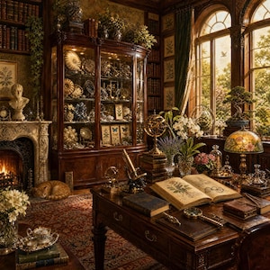May include: A dark wood study featuring a large glass-fronted display cabinet filled with decorative objects, a fireplace with a sleeping cat, a desk with an open botanical book, a brass microscope, a magnifying glass, and a stained glass lamp.