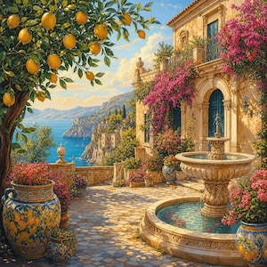 May include: A coastal Mediterranean scene featuring a stone fountain in a courtyard, a large ceramic planter decorated with lemons, and a lemon tree. The background shows a blue sea, rocky cliffs, and a building with pink bougainvillea flowers.