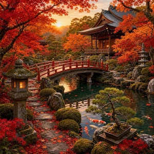 Puede incluir: Un jardín japonés tradicional con un puente de madera arqueado sobre un estanque con peces koi, una linterna de piedra y un bonsái. El paisaje está lleno de vibrantes arces rojos y rocas cubiertas de musgo bajo un cálido cielo al atardecer.