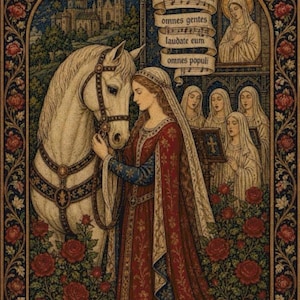 Puede incluir: Un tapiz que muestra a una persona con un vestido rojo junto a un caballo blanco entre rosas rojas. Un pergamino muestra el texto Laudate Dominum omnes gentes laudate eum omnes populi. Al fondo, un grupo de figuras con túnicas blancas canta.