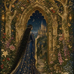 Puede incluir: Una figura de cabello largo con un vestido azul oscuro con bordados florales dorados frente a un arco de piedra. Más allá del arco, un castillo bajo un cielo nocturno estrellado con una luna creciente, rodeado de árboles, flores y un zorro blanco.