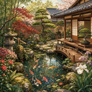 Kreuzstichmuster „Koi-Hof in Kyoto“ | Japanischer Zen-Garten | Koi-Teich-Stickvorlage (PDF) | Vollflächiges Muster | Kompatibel mit Pattern Keeper