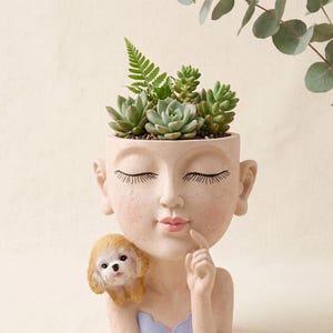 Pot de Fleurs Résine Tête Femme & Chien Mignon | Trou Drainage | Succulentes Cactus | Déco Maison
