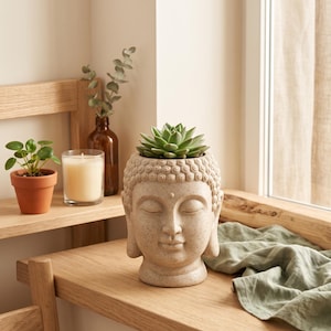 Puede incluir: Una maceta de cerámica beige moteada con forma de cabeza de Buda, que presenta una expresión facial serena con ojos cerrados y detalles de cabello texturizados. La maceta contiene una planta suculenta verde sobre una superficie de madera.