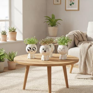 Set of Four Ceramic Cat Planter Pots Cute Animal Design Indoor Gardening Home Decor Gift for Plant Lovers
