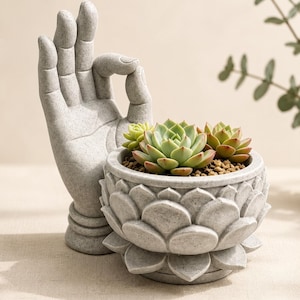 Zen Lotusblomkruka med Buddha-Hand | 3D Printed Steneffekt Sukkulenter | Meditationsspirituell Homdekoration | Zen Gava