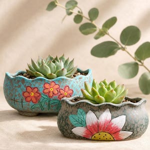 Lot de 2 Pots à Succulentes Céramique Peints Main | Cache-pots Vintage Fleuris Bohème | Pot Fleur Déco Jardin | Cadeau Original Jardinier