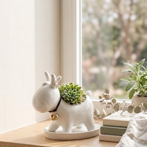 Vaso de Cerâmica Cervo Branco | Cache-pot Suculenta Animal Fofo com Pires | Deco Nórdica Escritório Casa | Presente Original