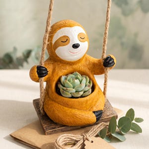 May include: A golden-brown sloth figurine with a white face and closed eyes, sitting on a small wooden swing. The sloth has a hollow belly containing a green succulent plant. The swing is suspended by two thick jute ropes attached to the sides.