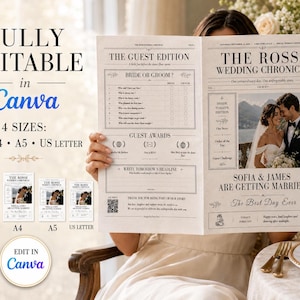 Può includere: Un modello di giornale di nozze intitolato The Rossi Wedding Chronicle, con un layout per l'edizione degli ospiti che include giochi, la foto di una coppia e il testo Sofia & James Are Getting Married. Il design è modificabile in Canva in A2, A4, A5 e US Letter.