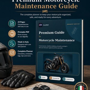 以下が含まれることがあります： 表紙にオートバイの画像が描かれた「Premium Motorcycle Maintenance Guide」というタイトルの濃紺の本。この本には、チェックリスト、スケジュール、ログを含む25ページが含まれています。オートバイのメンテナンス用に設計された印刷可能なPDFプランナーです。