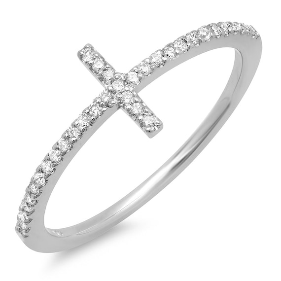 Diamond Ring in 14K Solid Gold Sideway Cross | Etsy
