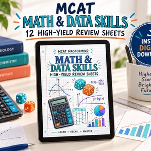Op de afbeelding: Een digitale tablet met MCAT Math & Data Skills studiebladen met kleurrijke grafieken, een rekenmachine-illustratie en dobbelstenen. Het scherm bevat wiskundige formules, een cirkeldiagram en staafdiagrammen met de tekst Learn, Recall, Master.