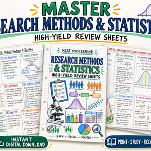 Op de afbeelding: Een set educatieve studiebladen getiteld Master Research Methods & Statistics High-Yield Review Sheets. De pagina's bevatten kleurrijke, met de hand getekende illustraties, waaronder een microscoop, grafieken, diagrammen en uitleg over wetenschappelijke concepten.