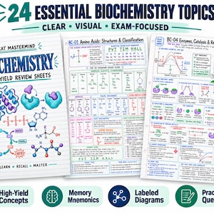 May include: A set of three white paper biochemistry review sheets featuring the title MCAT Mastermind Biochemistry High-Yield Review Sheets. The pages contain colorful hand-drawn diagrams, chemical structures, enzyme graphs, and text.