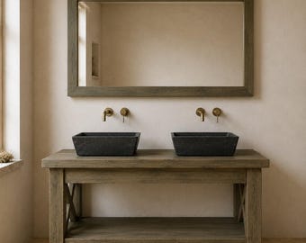 Rustic Wooden Bathroom Vanity Console with Mirror Set   Farmhouse Double Bathroom Vanity Open Shelf