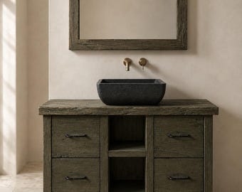 Conjunto de mueble de baño rústico de madera, consola de baño con lavabo de piedra natural negra, mueble de baño moderno de madera.