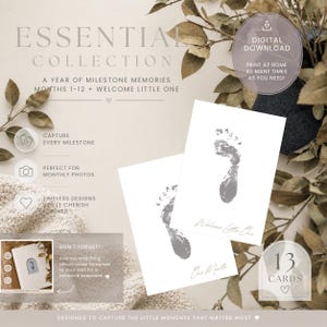 May include: A digital download set of 13 milestone cards featuring gray baby footprint graphics on white paper. The cards include text such as Welcome Little One and One Month. The collection is designed to capture monthly baby milestones.