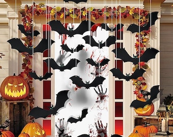 18 Pcs Hanging Bat Halloween Decorations, Black Bats With Glowing Eyes for Indoor Outdoor Yard Wall Tree Party Decor
