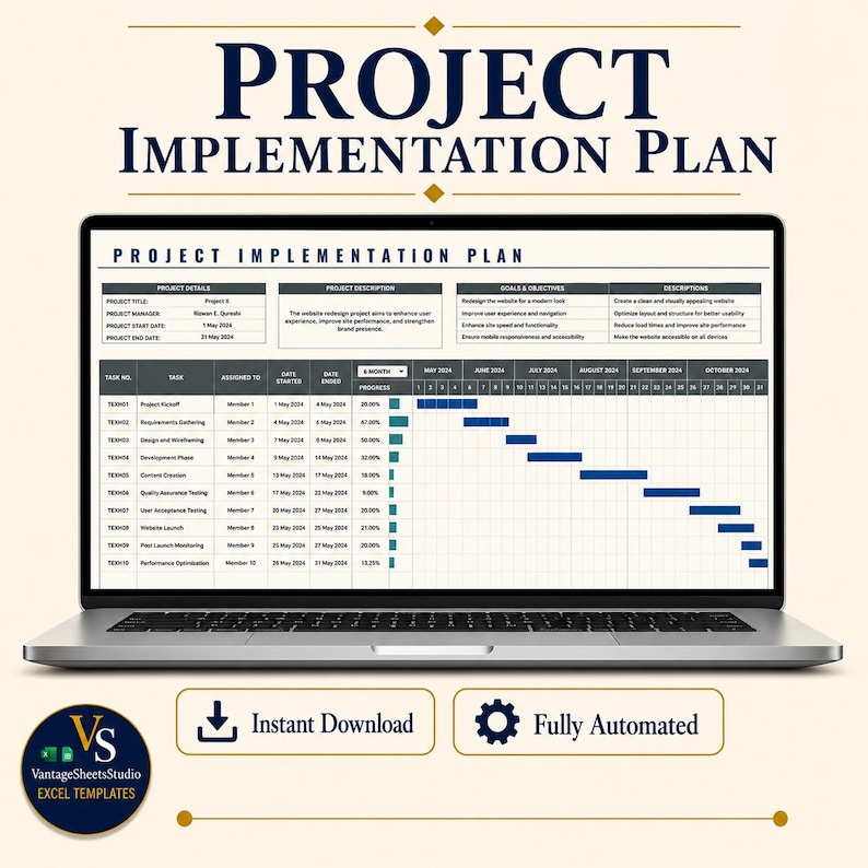 Project Implementation Plan Excel Template, Gantt Chart Google Sheets, Project Timeline Tracker, Task Management Planner image 1