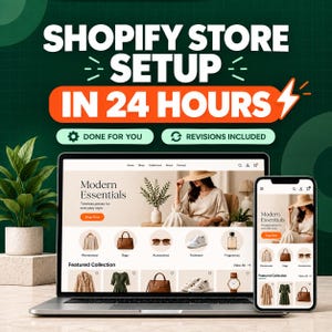 以下が含まれることがあります： ノートパソコンとスマートフォンに、SHOPIFY STORE SETUP IN 24 HOURS、DONE FOR YOU、REVISIONS INCLUDEDというテキストが表示されたShopifyストアのウェブサイト。ウェブサイトには、衣類やアクセサリーの画像を含むModern Essentialsコレクションが掲載されています。