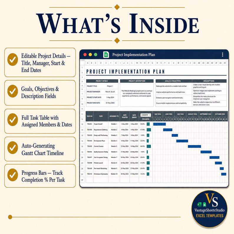 Project Implementation Plan Excel Template, Gantt Chart Google Sheets, Project Timeline Tracker, Task Management Planner image 2