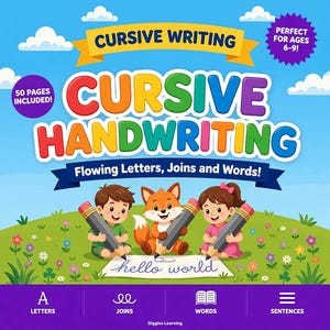 May include: A workbook cover titled CURSIVE WRITING CURSIVE HANDWRITING Flowing Letters, Joins and Words! featuring a cartoon boy, a fox, and a girl holding large pencils over a paper with hello world written in cursive script.