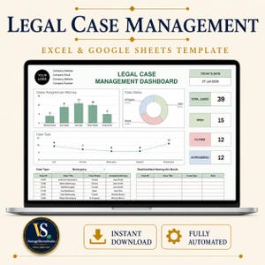 Może przedstawiać: Cyfrowy szablon pulpitu nawigacyjnego do zarządzania sprawami prawnymi dla programów Excel i Google Sheets wyświetlany na ekranie laptopa. Interfejs zawiera wykres słupkowy, wykres kołowy, wykres liniowy oraz tabele danych dotyczące statusu spraw.