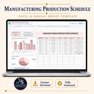 Può includere: Uno schermo di un portatile che mostra un modello di programma di produzione per Excel e Google Sheets. L'interfaccia include un grafico a barre, un grafico a torta e una tabella di dati con colonne per data di produzione, turno e prodotto.