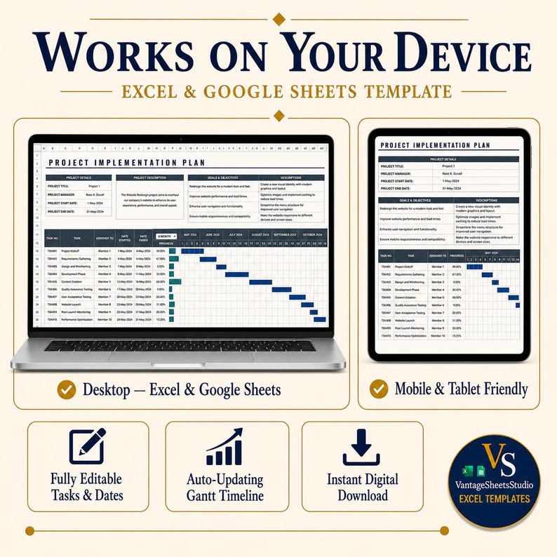 Project Implementation Plan Excel Template, Gantt Chart Google Sheets, Project Timeline Tracker, Task Management Planner image 4