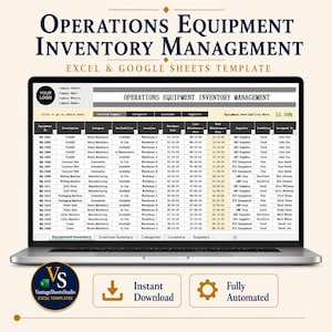 May include: A laptop screen displaying an Operations Equipment Inventory Management Excel and Google Sheets template. The spreadsheet includes columns for Equipment ID, Description, Category, Availability, Location, and maintenance dates.