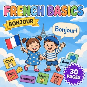 Puede incluir: Un póster educativo colorido titulado FRENCH BASICS que muestra a dos niños, uno de ellos sosteniendo una bandera francesa. La imagen incluye la Torre Eiffel, globos de texto con la palabra Bonjour y varias tarjetas etiquetadas con palabras francesas como Chat, Pain y Fromage.