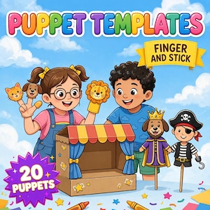 May include: A digital illustration featuring the text PUPPET TEMPLATES and FINGER AND STICK. Two children interact with a cardboard puppet theater, finger puppets of a cat, dog, and lion, and stick puppets of a king and a pirate.