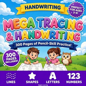 Pode incluir: Um caderno de exercícios educativo intitulado Mega Tracing & Handwriting com 300 páginas de prática de escrita. A capa mostra um menino, uma menina e uma coruja traçando letras e números em um campo gramado sob um céu azul.
