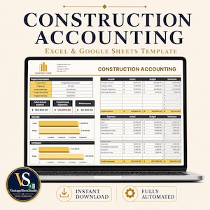 May include: A laptop screen displaying a Construction Accounting Excel and Google Sheets template. The interface features project information, income and expense tables, and bar charts. Text includes Construction Accounting, Construct Corp, and financial data points like Total Income $189,800.00 and Total Expenses $143,000.00.