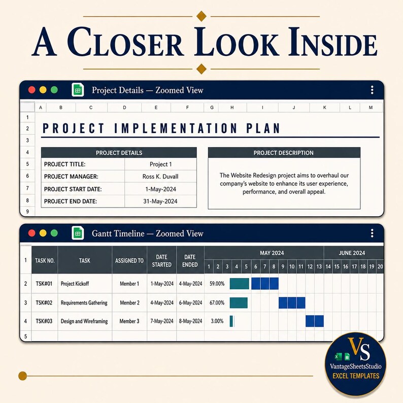 Project Implementation Plan Excel Template, Gantt Chart Google Sheets, Project Timeline Tracker, Task Management Planner image 3