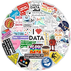 May include: A large collection of assorted vinyl stickers featuring data science themes, colorful graphics, and humorous text such as I Speak Data, Data Is The New Bacon, and Correlation Is Not Causation, arranged in a dense, overlapping circular cluster.