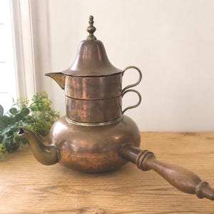 Zestaw do herbaty i kawy OrfeMex z miedzi w stylu vintage | Działająca pokrywka z dzwonkiem, drewniana rączka, meksykańska sztuka ludowa