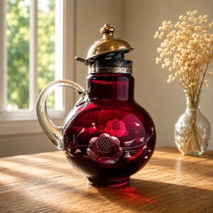 May include: A deep red glass decanter featuring a clear glass handle and a metallic lid with a gold-toned finish. The body of the decanter is decorated with etched floral patterns and delicate vine motifs, showcasing a rounded, bulbous shape.