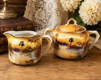 Antique Nippon Creamer & Sugar Bowl Set, Hand Painted Cottage Landscape, Covered Sugar, Vintage Japan Porcelain, Gold Trim