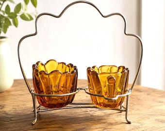 Vintage Amber Glass Cream & Sugar Set with Chrome Caddy, Retro Tea Service, Mid Century Tabletop Set, Scalloped Glass