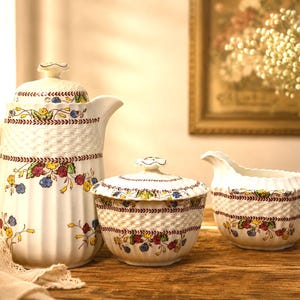DARMOWA WYSYŁKA – Zestaw do kawy Copeland Spode Cowslip w stylu vintage – dzbanek do kawy, cukierniczka z pokrywką i dzbanek do mleka – angielskie materiały do transferu – wzór S.713