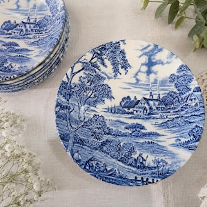 Può includere: Un set di piatti rotondi in ceramica con un motivo decorativo blu e bianco. Il design raffigura un paesaggio rurale con una casa, alberi, colline e figure in primo piano. I piatti presentano una finitura liscia e lucida.