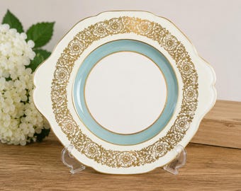 Vintage Paragon Fine Bone China Kuchenplatte mit Henkel / Servierplatte – Türkis- und Gold-Scrollmuster – England ca. 1957–1963