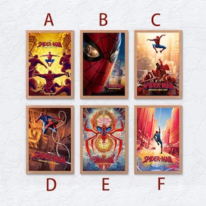 May include: Six rectangular framed posters featuring Spider-Man in various action poses and artistic styles, labeled A through F. Each poster displays the text Spider-Man Brand New Day in red lettering, showcasing vibrant colors and cityscapes.