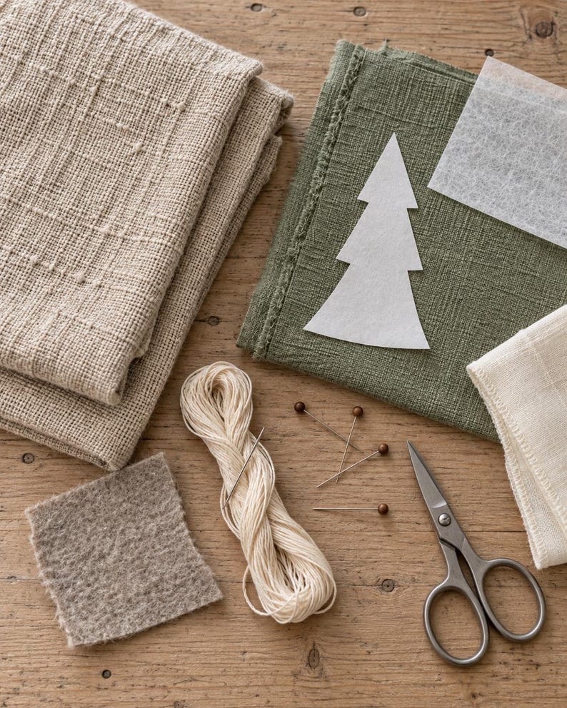 May include: A craft supply set featuring folded beige and olive green textured fabrics, a white felt Christmas tree cutout, a square of grey felt, a skein of cream embroidery thread with a needle, four straight pins, and metal scissors.