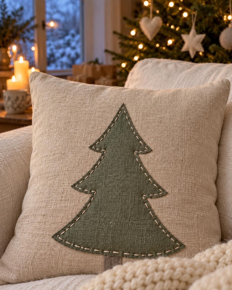 May include: A square scatter cushion made of light beige textured fabric featuring a centred dark olive green fabric cutout in the shape of a pine tree. The tree is attached to the cushion cover with visible white running stitch embroidery.