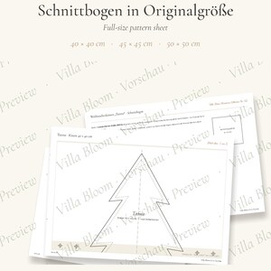 May include: A white paper pattern sheet for a Christmas tree cushion, featuring the text Villa Bloom & Co. Christmas Collection No. 02, Schnittbogen in Originalgr&ouml;&szlig;e, and dimensions 40 x 40 cm, 45 x 45 cm, 50 x 50 cm. Includes 8 printable pages in English and German.